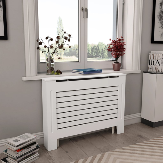 vidaXL Lämpöpatterin suoja MDF 112x19x81,5 cm valkoinen