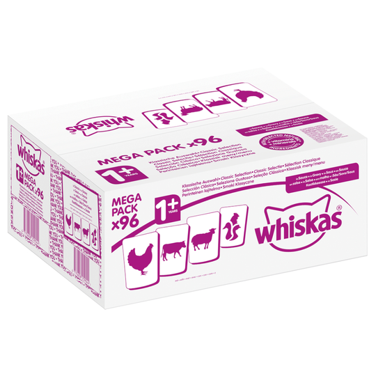 Säästöpakkaus: Whiskas 1+ Adult Pouches 96 x 85 g / 100 g - 96 x 100 g perinteinen kastikevalikoima