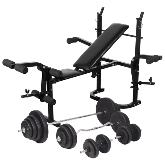 vidaXL Kuntopenkki painotangolla + levy- ja käsipainosarja 120 kg