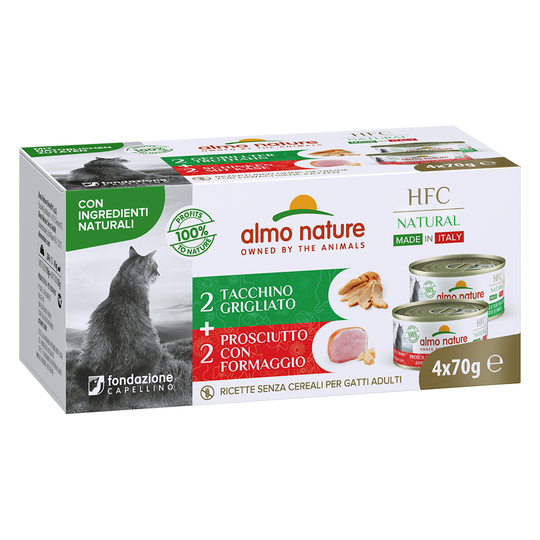 Almo Nature HFC Natural Made in Italy 4 x 70 g - kinkku juustolla + grillattu kalkkuna