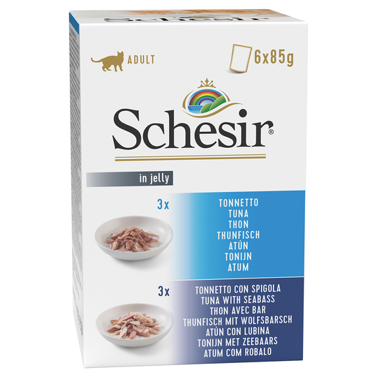 12 + 6 kaupan päälle! 18 x 85 g Schesir Jelly Pouch - mix: tonnikala + tonnikala & bassi