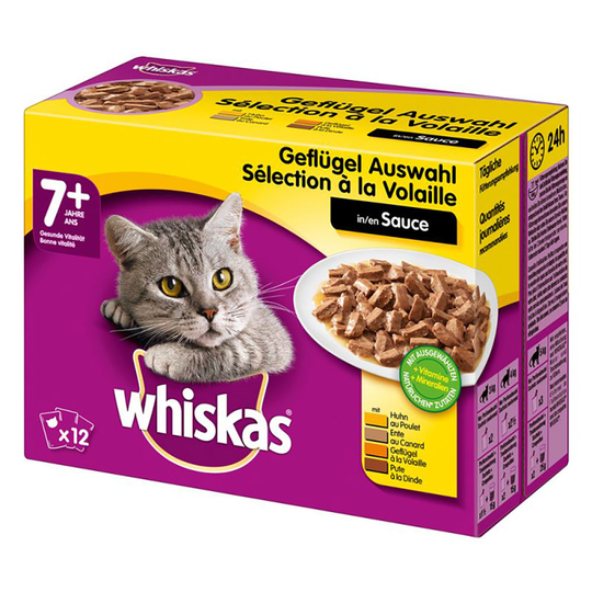 Whiskas Senior -tuorepussit säästöpakkauksessa 144 x 100 g - siipikarjavalikoima kastikkeessa (144 x 100 g