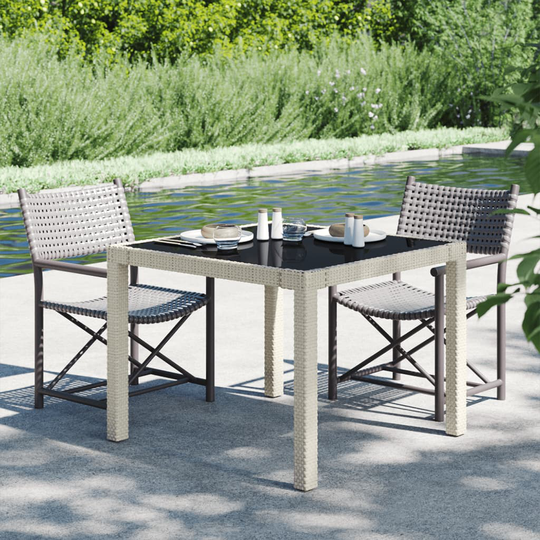 vidaXL Puutarhapöytä 90x90x75 cm karkaistu lasi ja polyrottinki beige
