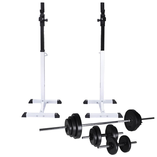 vidaXL Kyykkyteline painotangolla + levy- ja käsipainosarja 30,5 kg