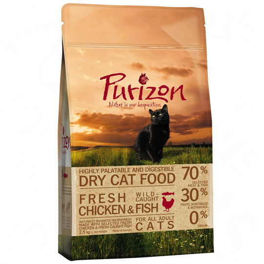 Purizon Adult -tutustumispakkaus, monta makua - Chicken & Fish + Lamb & Fish + Fish (3 x 2,5 kg)